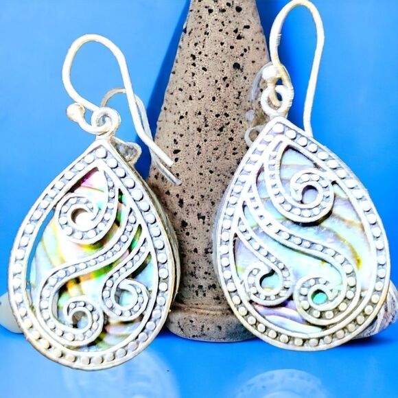 STERLING SILVER with ABALONE DROP Earrings by ARTISAN Hand-crafted - Picture 6 of 7